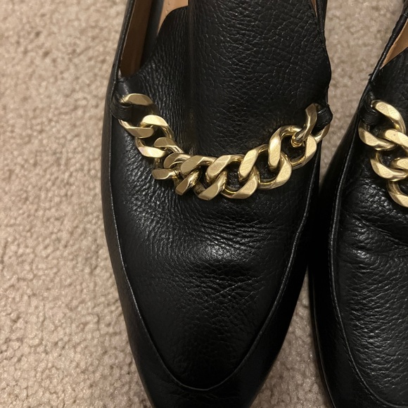Calvin Klein Black Faux Fur Heeled Loafers w Gold Chain Signature Heel - Picture 3 of 4